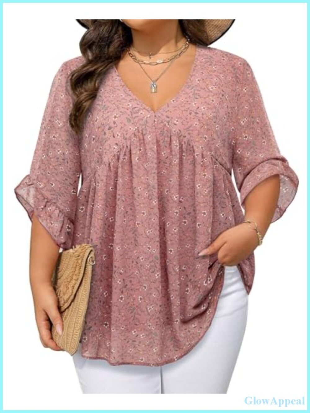 Plus Size Chiffon Tunic Top 3/4 Ruffle Sleeve V-Neck Blouse